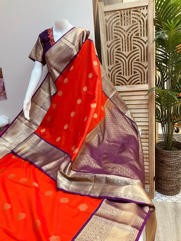 Semi Silk Red Saree with Work Stitched Blouse