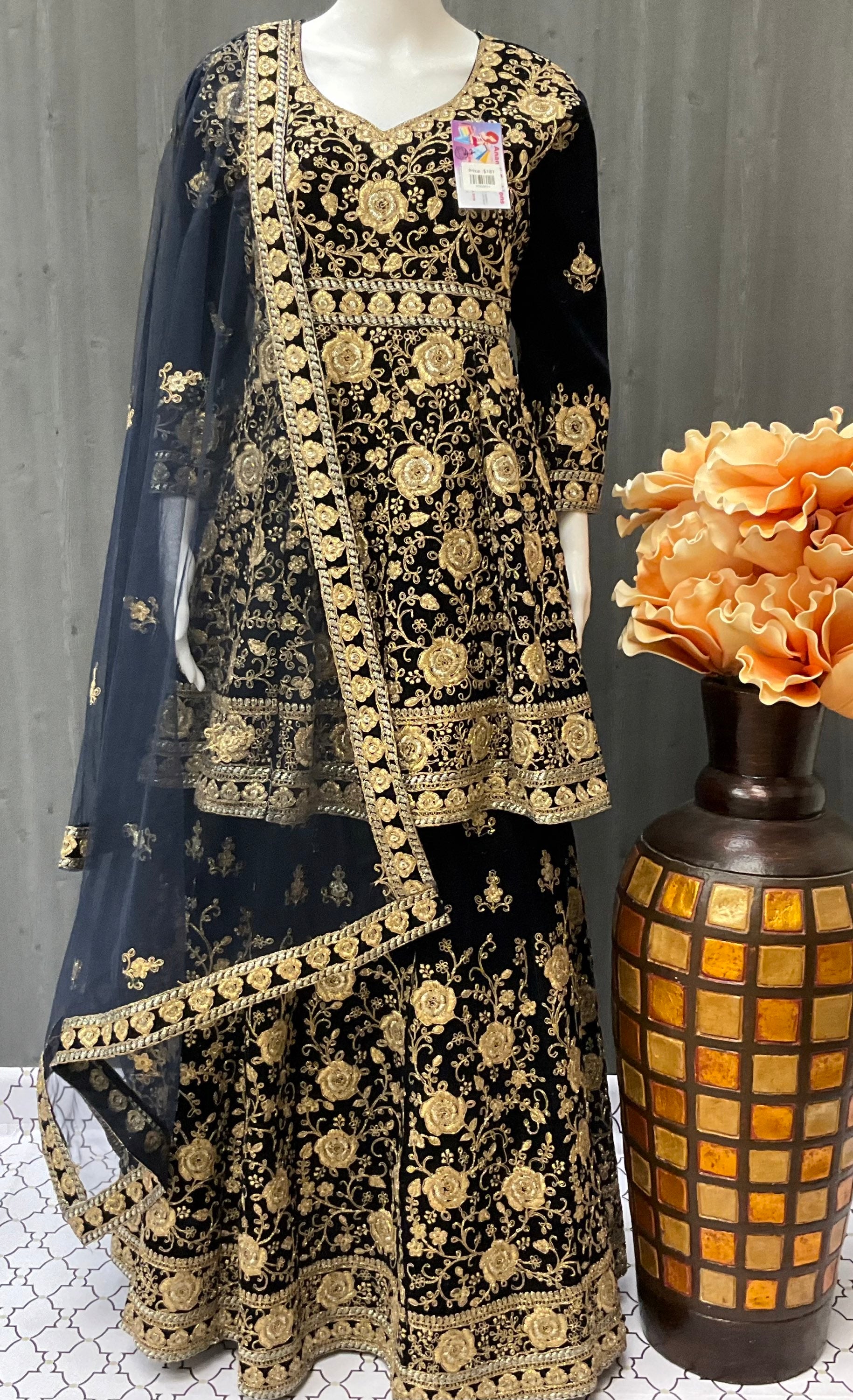 Bridal velvet navy blue lehanga with peplum top image 0