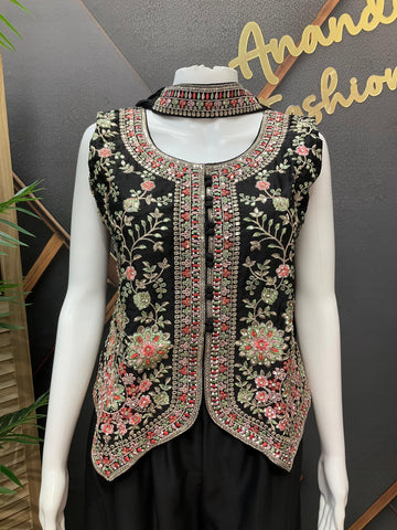 Black Sharara Set with Embroidery Work - Party Wear