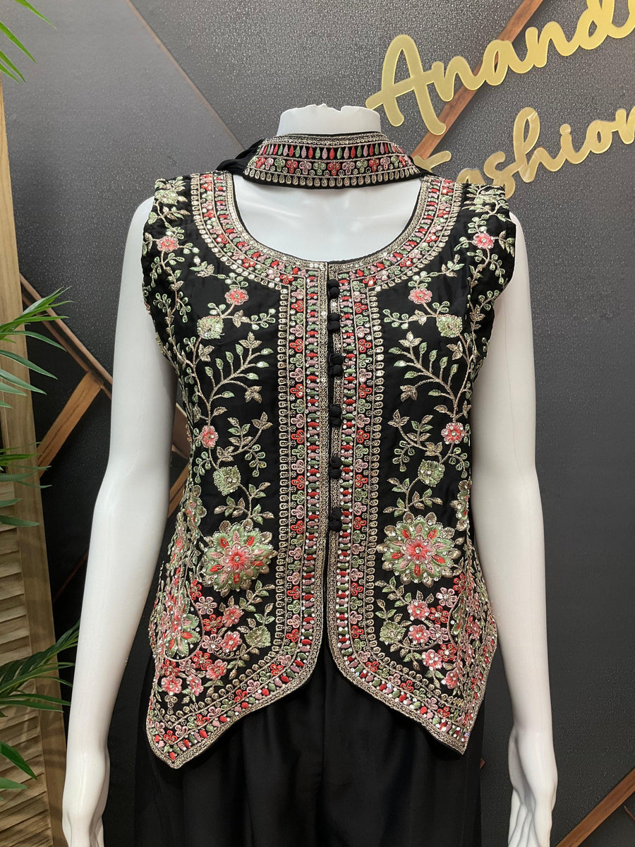 Black Sharara Set with Embroidery Work - Party Wear