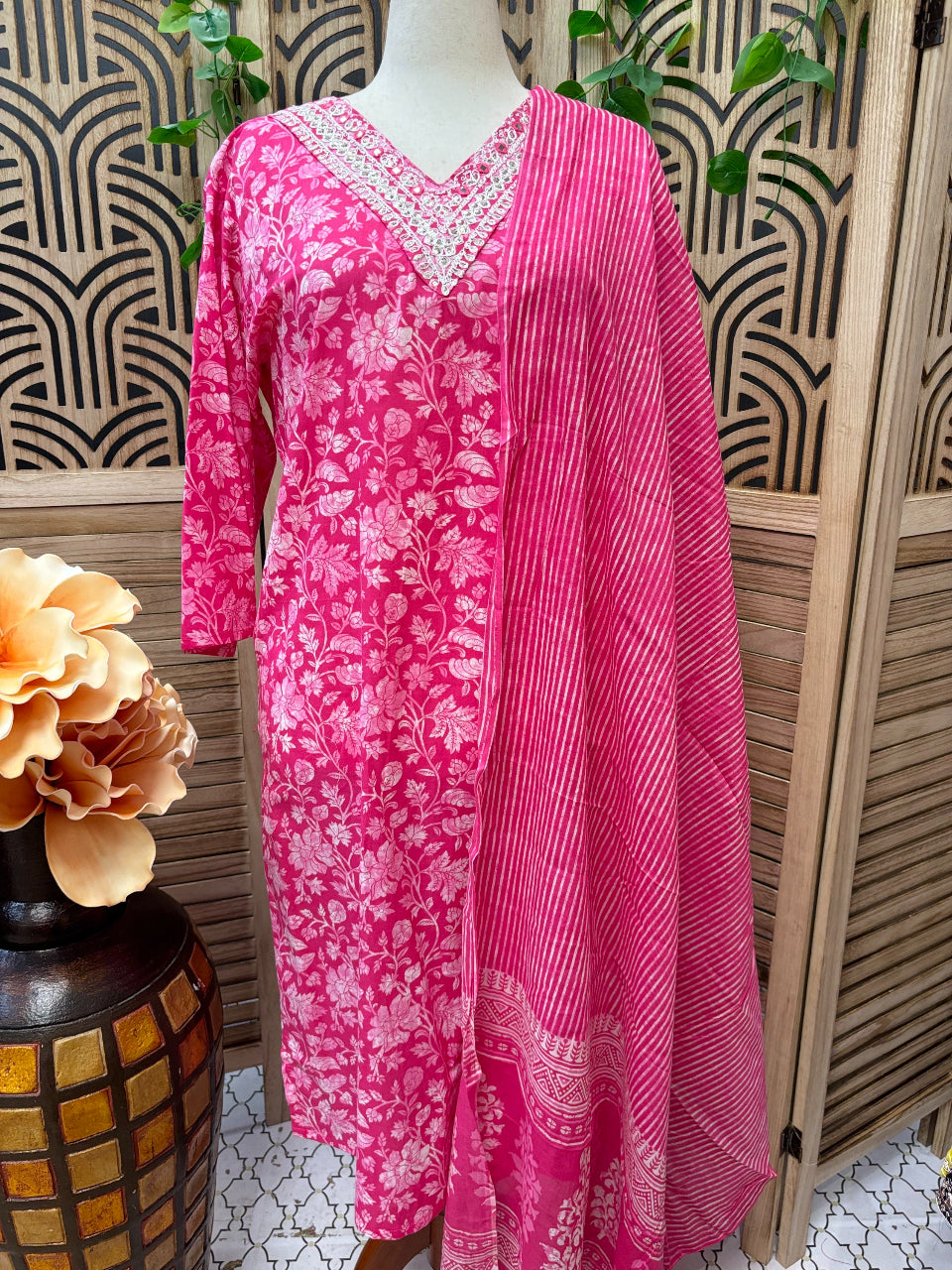 Plus Size - Pure Cotton Pink Color 3 piece Kurti set - Size 48/US XXL image 1