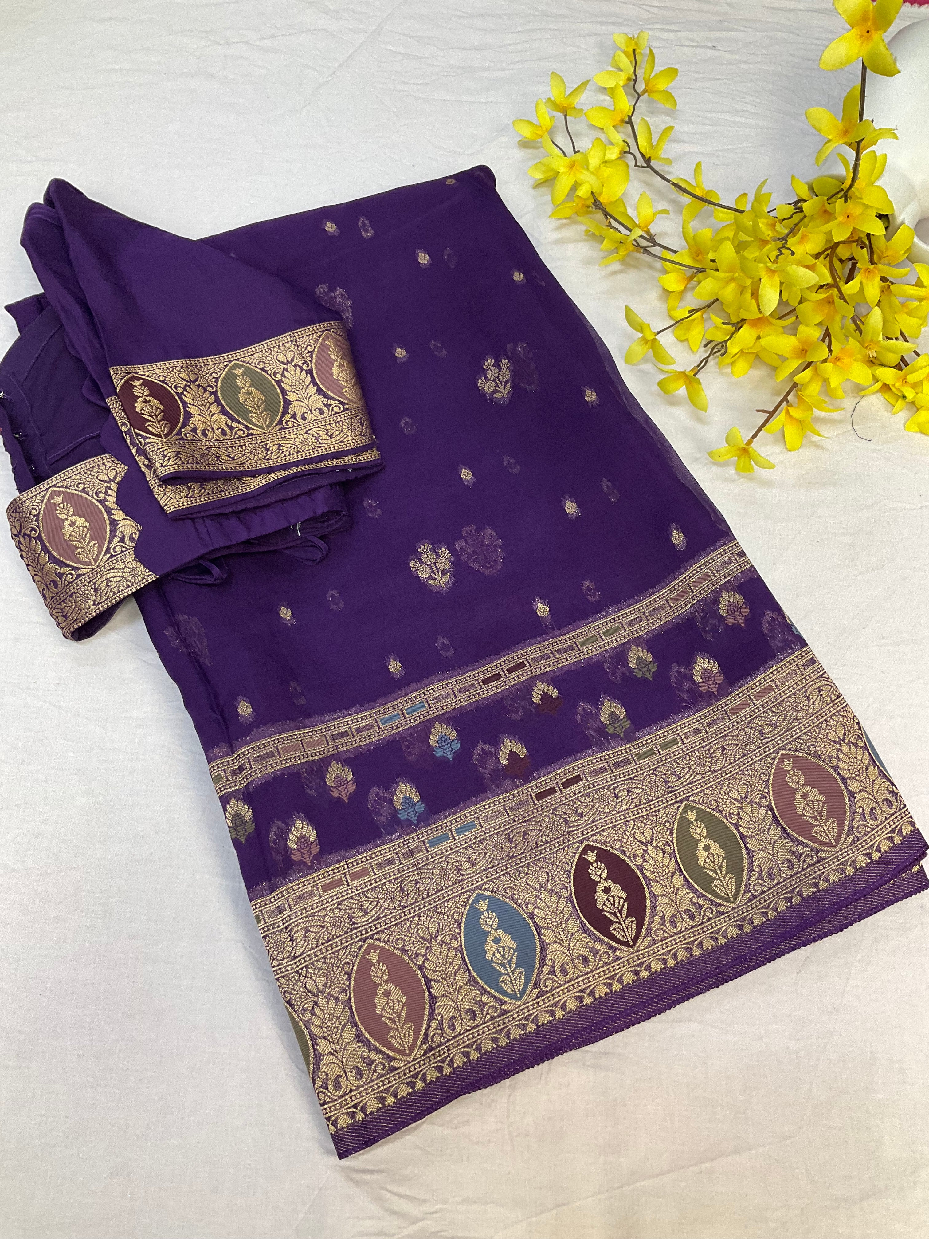 Benarasi Organza Purple Color saree with Stitched Blouse