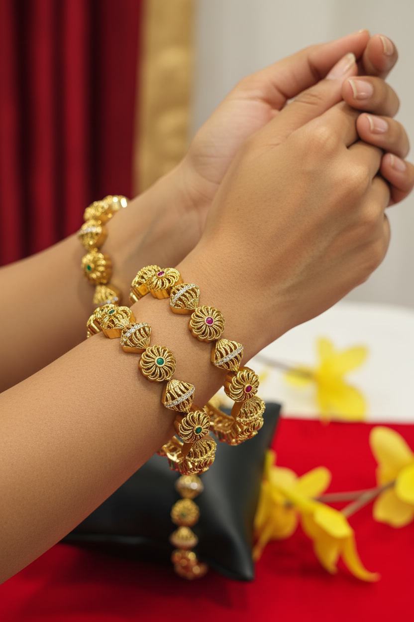 Close-up of hands wearing intricate gold bangles with green and red stones, displayed on red surface with yellow flowers