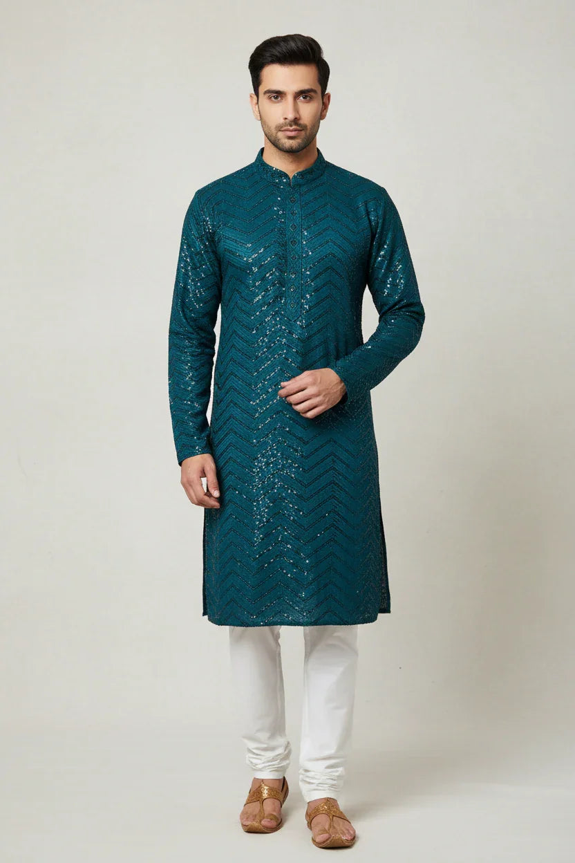 Party Wear Blue Shade Mens Sequence Kurta Pajama set