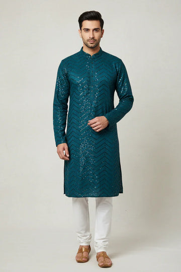 Party Wear Blue Shade Mens Sequence Kurta Pajama set