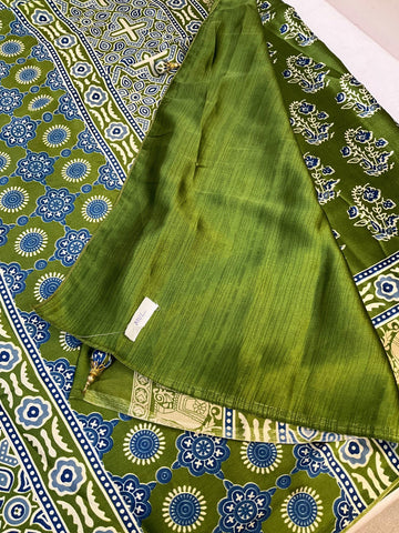Semi Modal silk Mehandi green Ajrakh saree