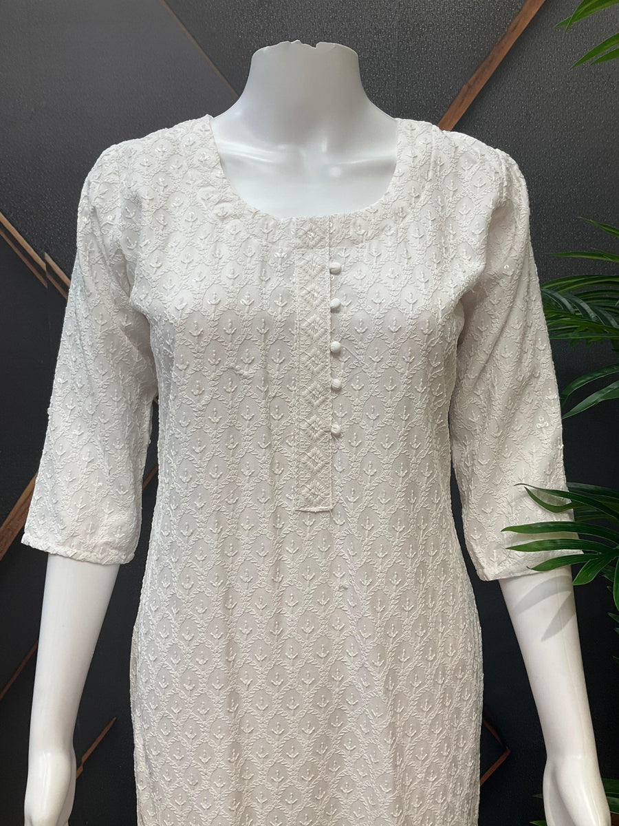 Soft Rayon White Chikankari Kurti with sequence