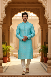 Men’s Kashmiri Silk Sequin Embroidered Kurta Set - Mens - Kurta Set - Anandi Fashions