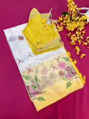 Mangalagiri Silk Half White Saree with stitched Blouse