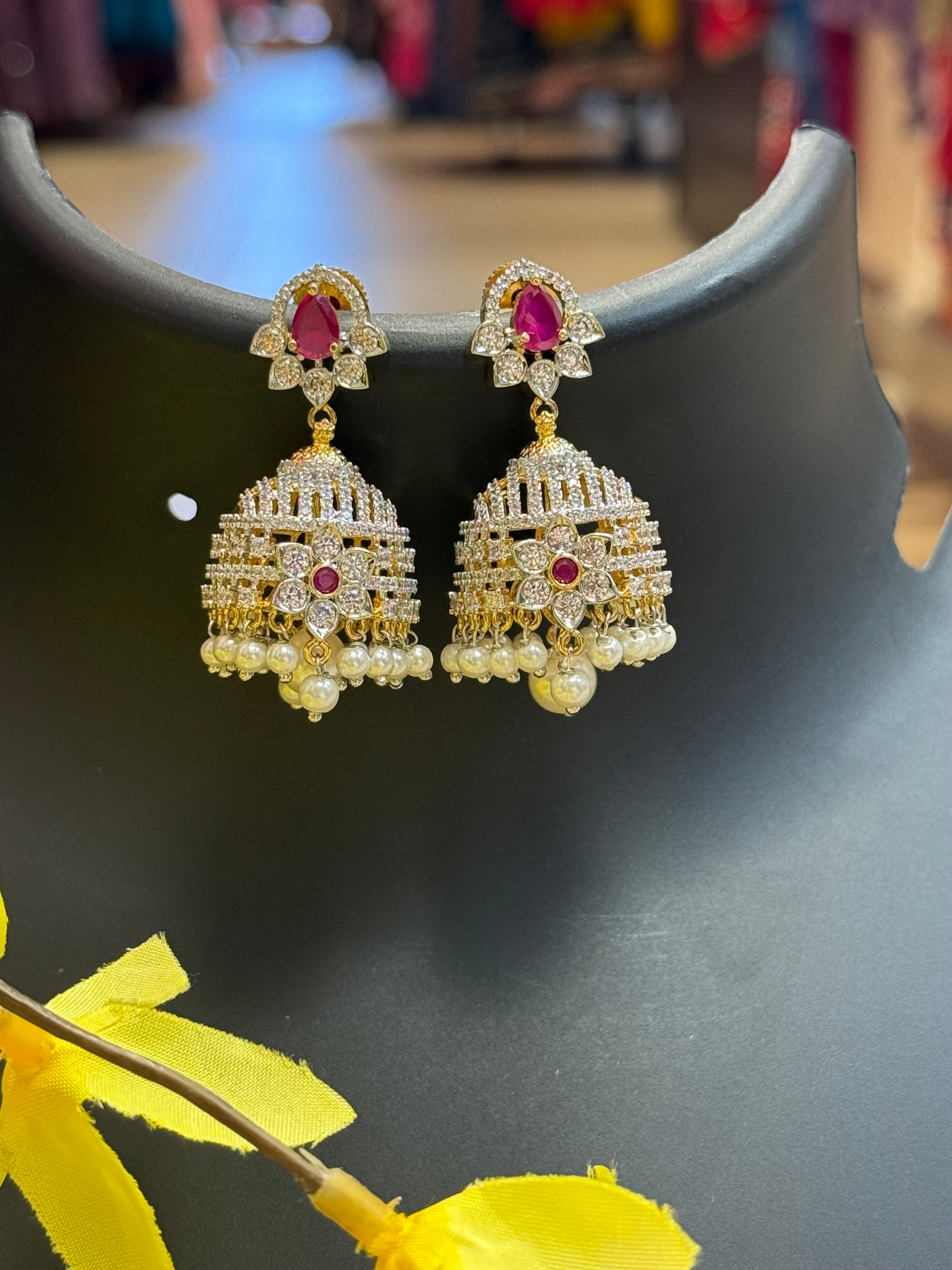 Beautiful CZ Jhumkas with Ruby Stone