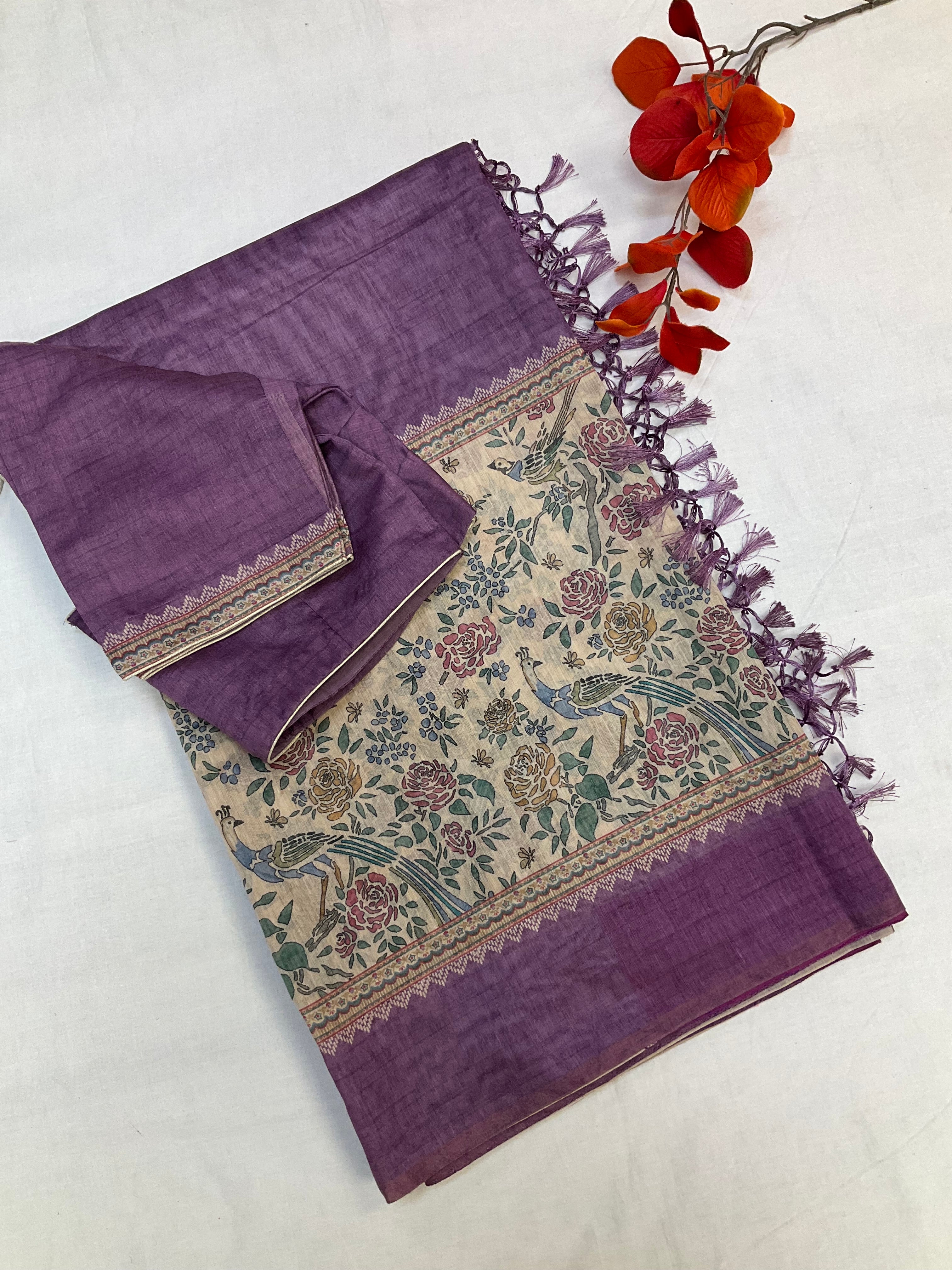 Light purple Cotton Silk saree with digital print-Stitched blouse and fall pico Done