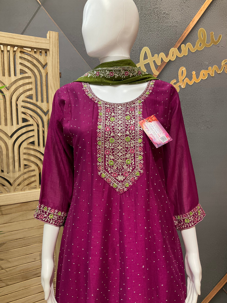 Wine Anarkali Kurti Set