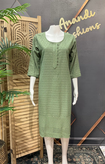Size 42-Green Chikankari Rayon Kurti