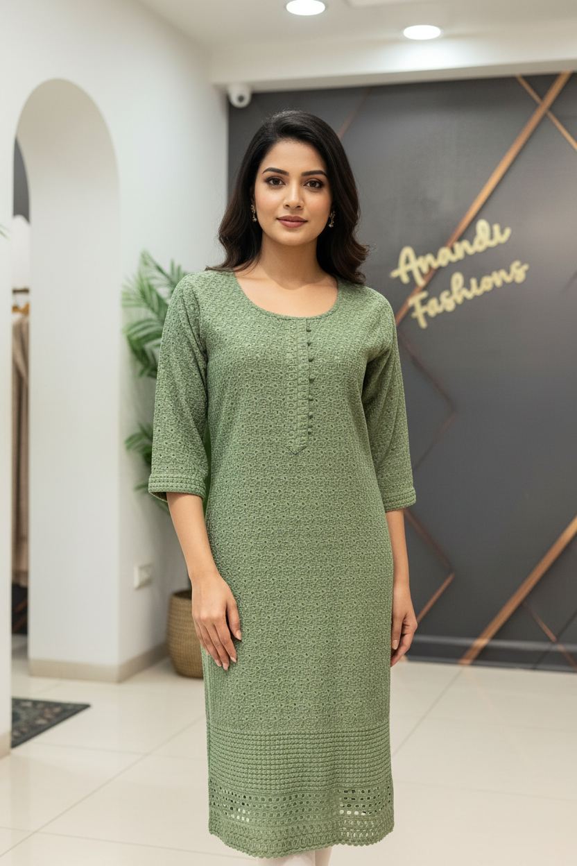 Size 42-Green Chikankari Rayon Kurti