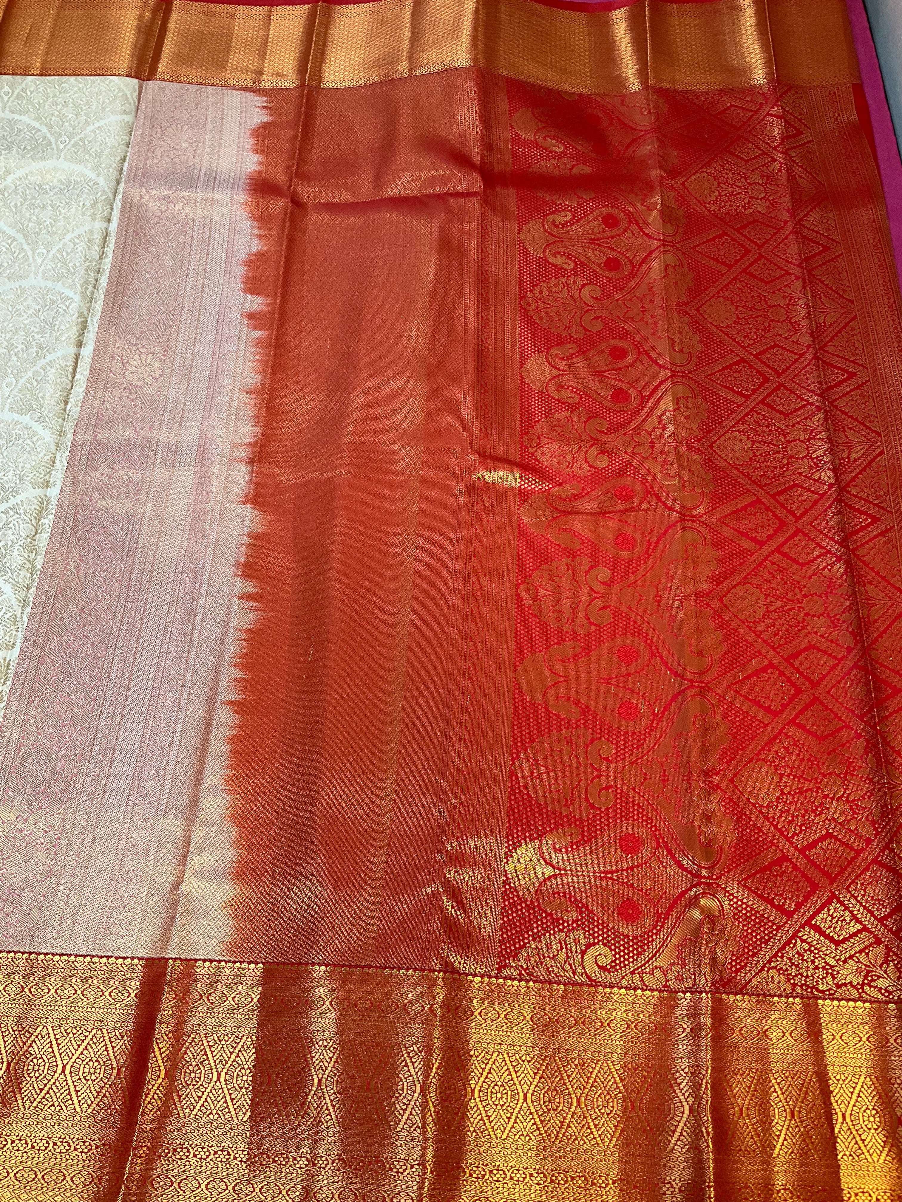 Half White & Red - Semi Silk Kanjeevaram Saree
