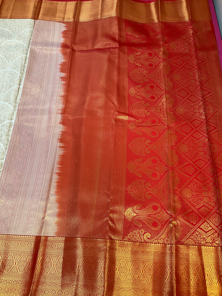 Off White & Red Semi Silk Kanjeevaram Saree