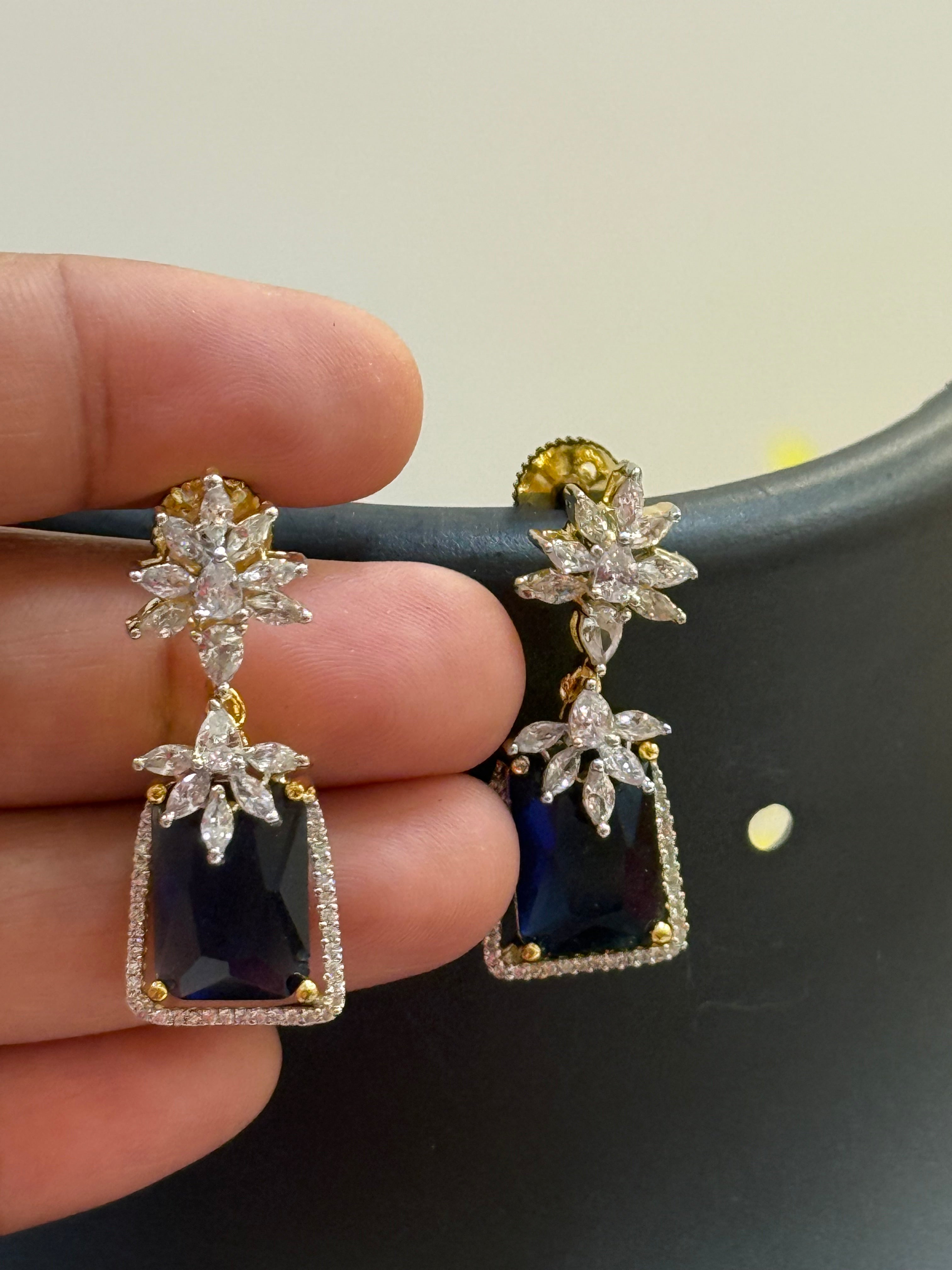 CZ Earrings with Navy Blue Stone