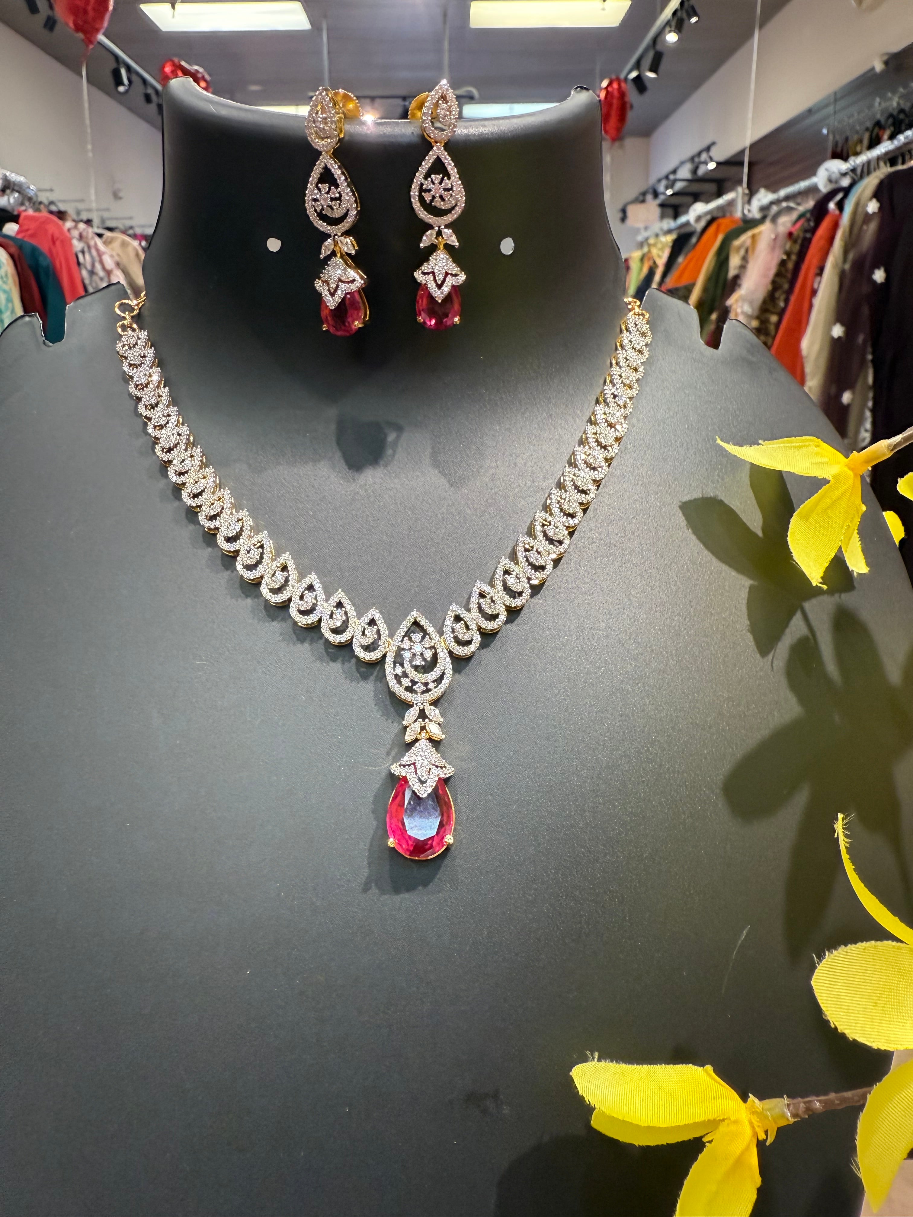 Party Wear CZ Necklace set with Drop Style pendant