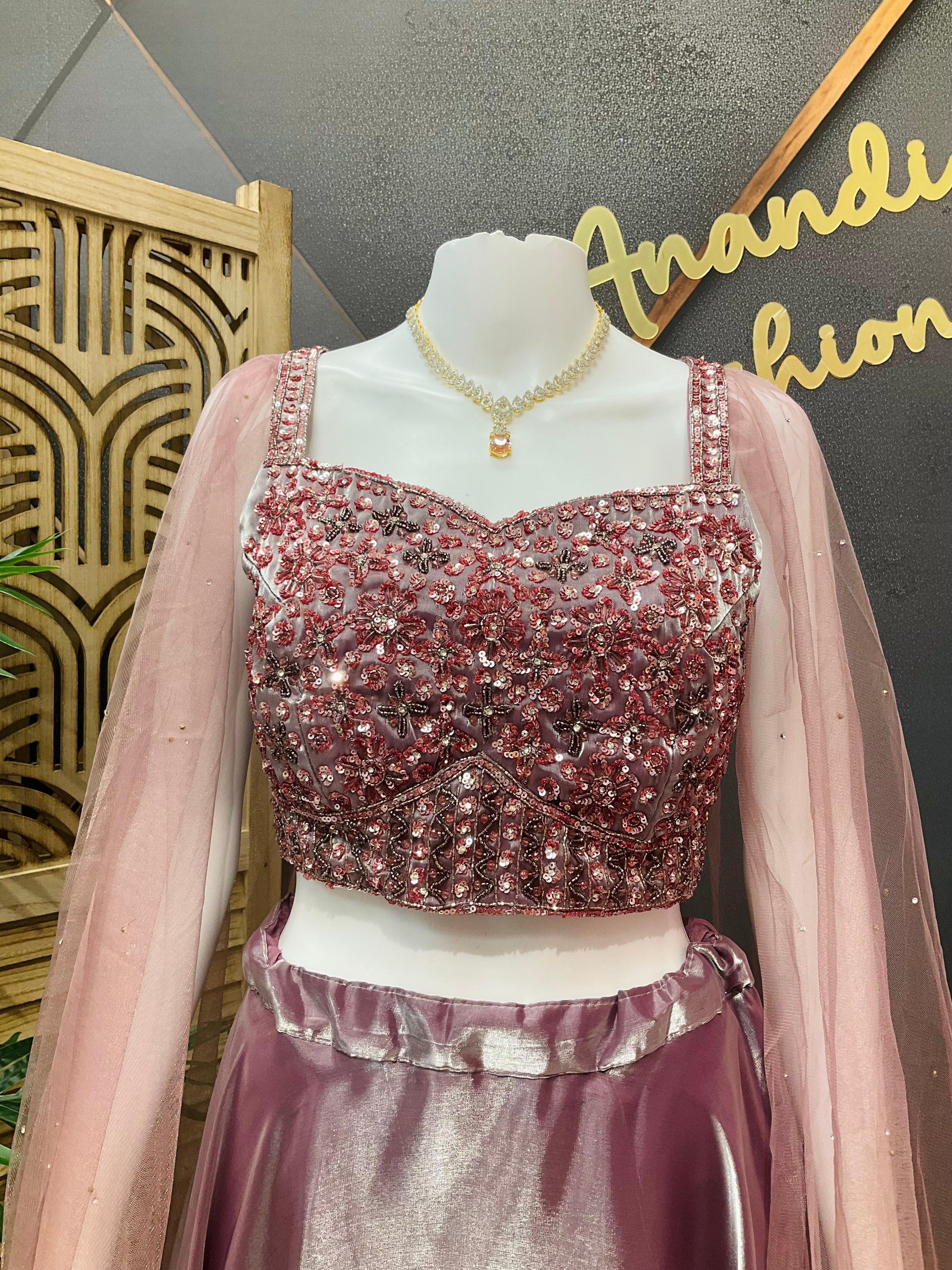 Fancy Satin Silk Lehenga Choli Set - Long Sleeves Party Wear