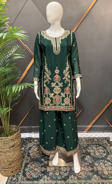 Dark Green Party Wear Palazzo Set - Lightweight Shimmery with Gold Embroidery