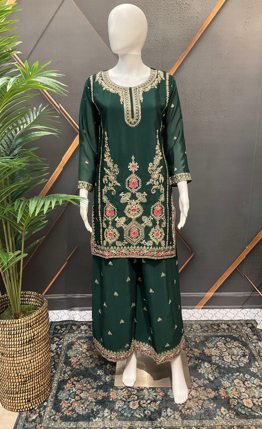 Dark Green Party Wear Palazzo Set - Lightweight Shimmery with Gold Embroidery