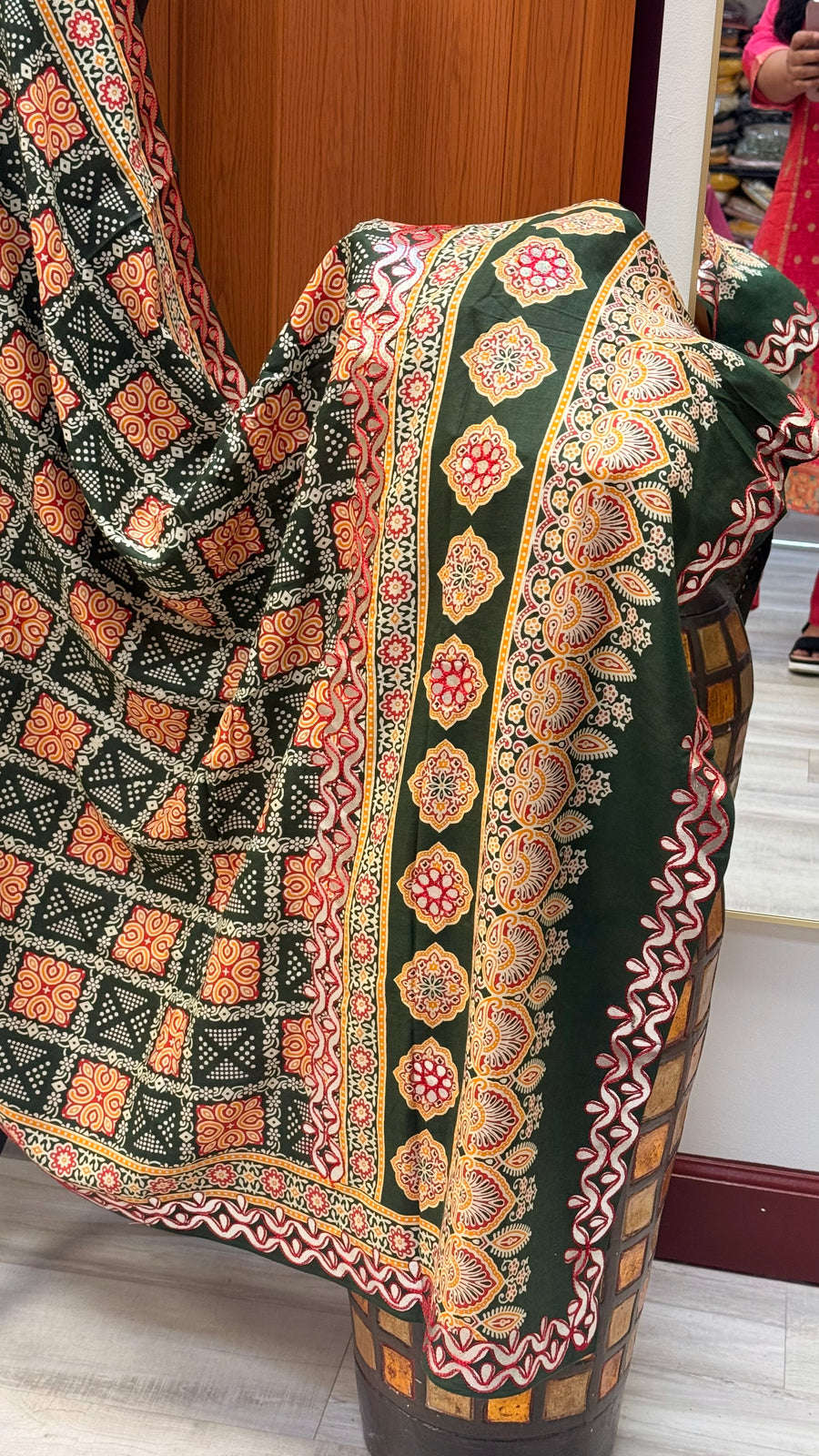 Green Ajrakh Print Dupatta with Gota Patti Border