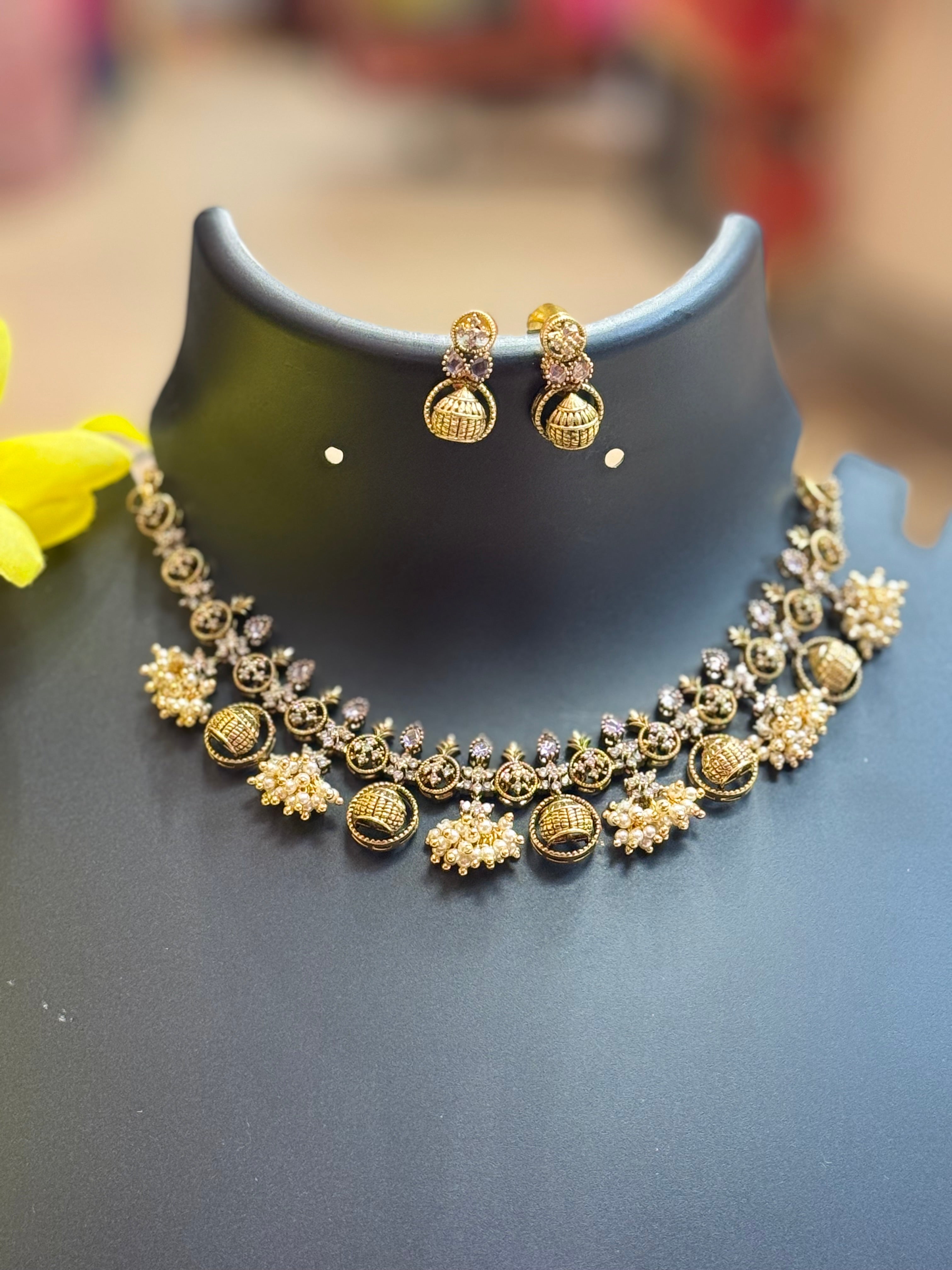 Antique Finish- Jhumka Style Guttapusalu Necklace set