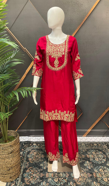Red Party Wear Palazzo Set - Gold Zari Work