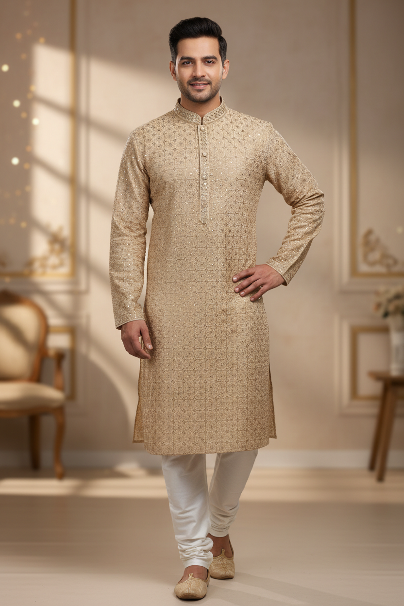 Gold Men’s Embroidery work kurta set