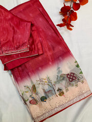 Red Party wear saree with Stitched blouse