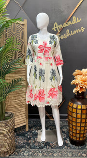 Half white mulmul cotton Knee Length gown/Kurti