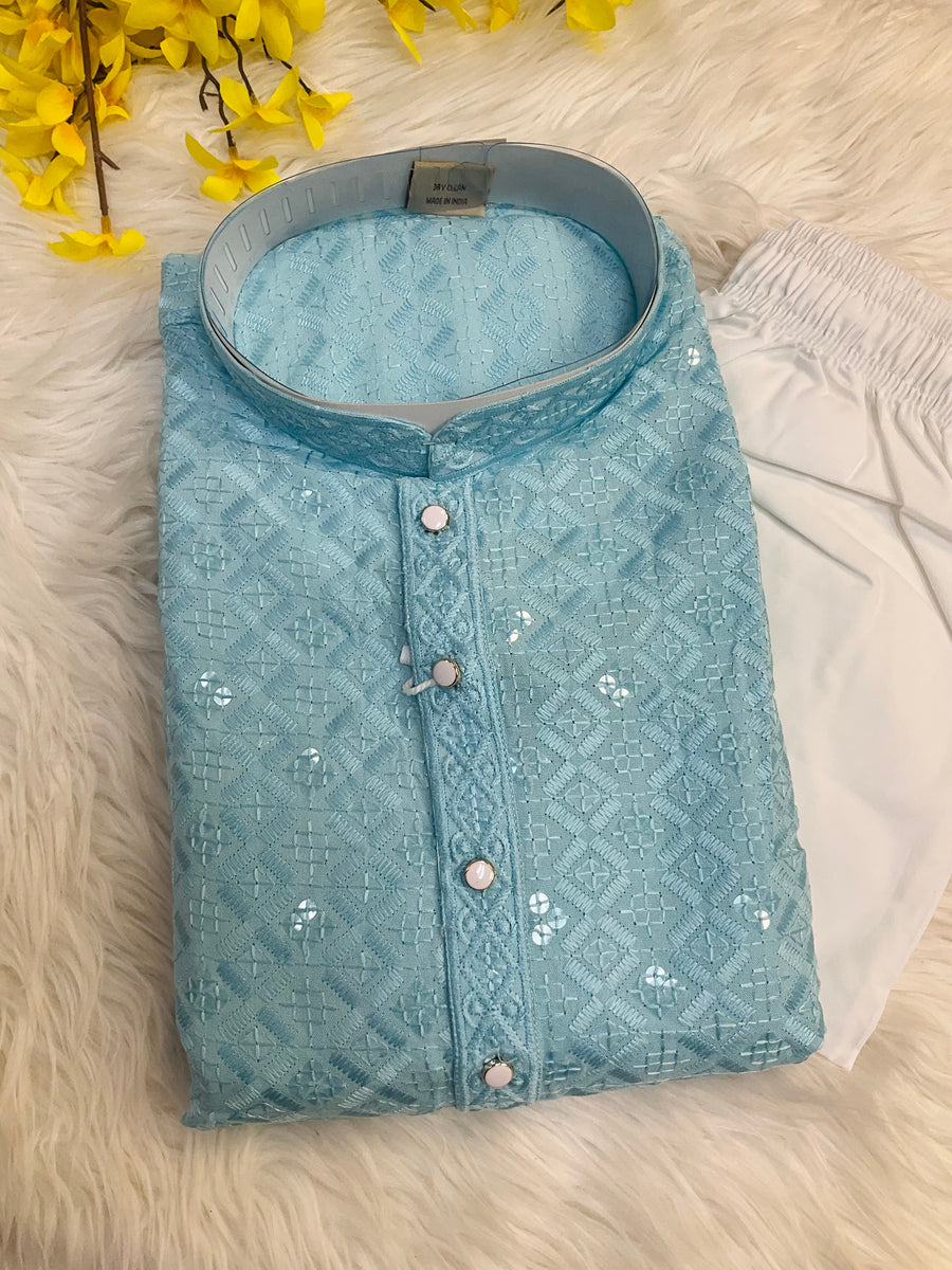 Plus Size Blue  Rayon Chikankari Men’s wear Kurta set