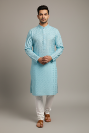 Blue Rayon Chikankari Men’s wear Kurta set
