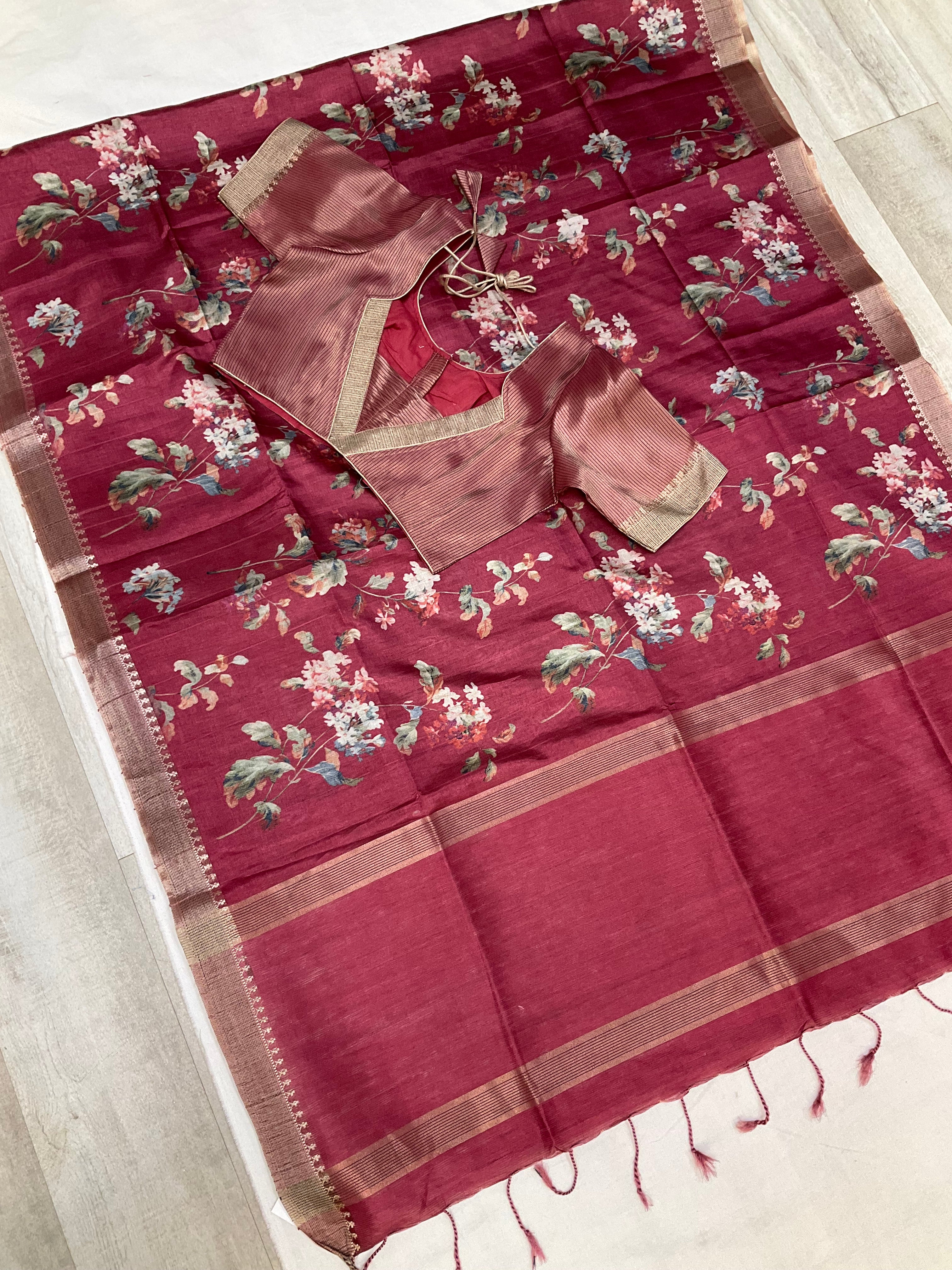 Onion pink digital print floralsaree with Stitched blouse - fall pico done