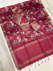 Onion pink digital print floral saree with Stitched blouse