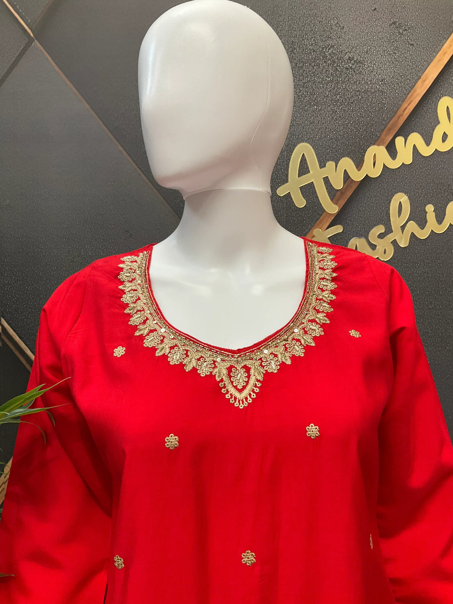 Red Party Wear Kurti Set - Roman Silk with Benarasi Dupatta & Gold Zari