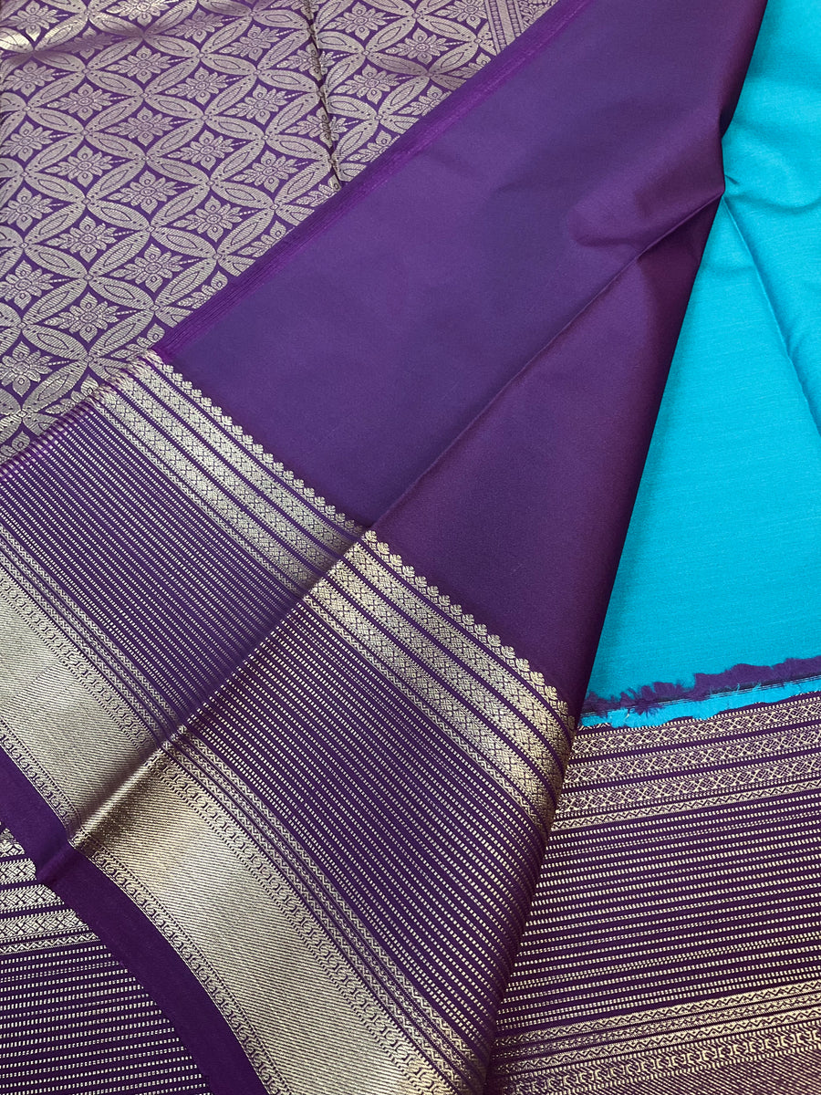 Blue Semi Kanjeevaram Silk Saree with Vintage Border