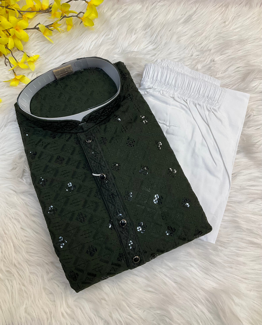 Green Rayon Chikankari Men’s wear Kurta set