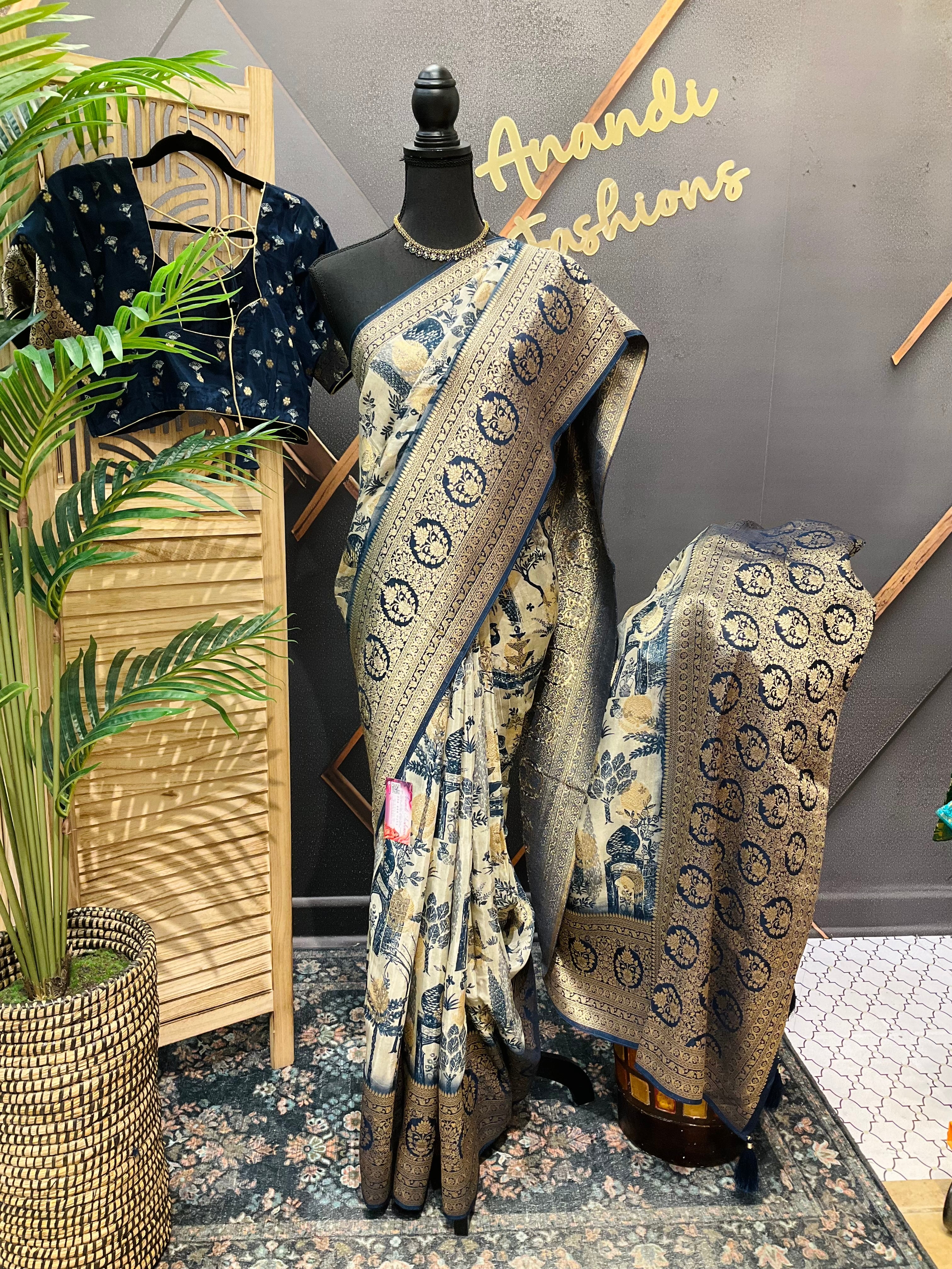 Unique Designer Russian Silk Saree with Stitched blouse - fall pico done