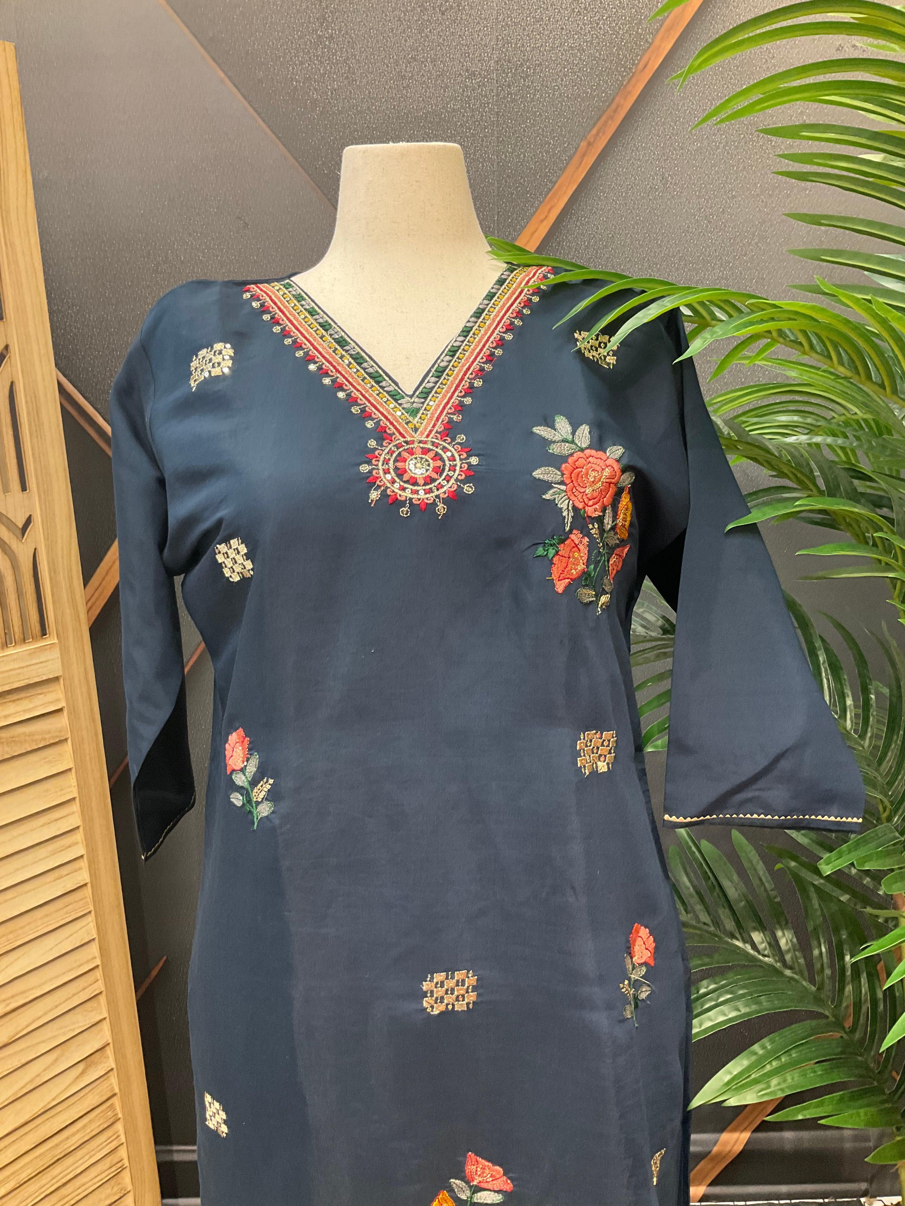 Navy Blue Party Wear Kurti Set Size 42/44 - Roman Silk with Embroidery