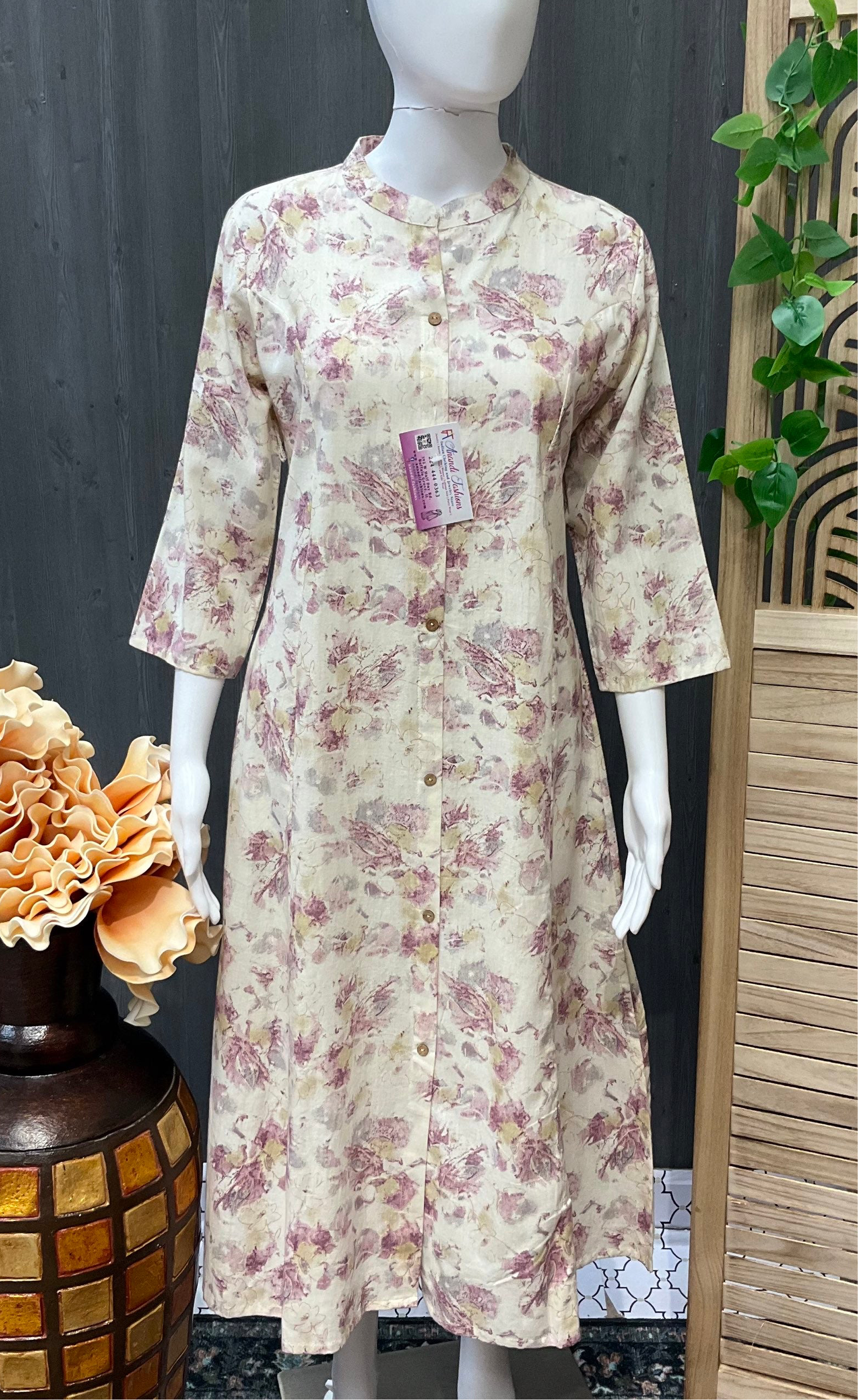Size 40-Half White Cotton Flex Floral Kurti