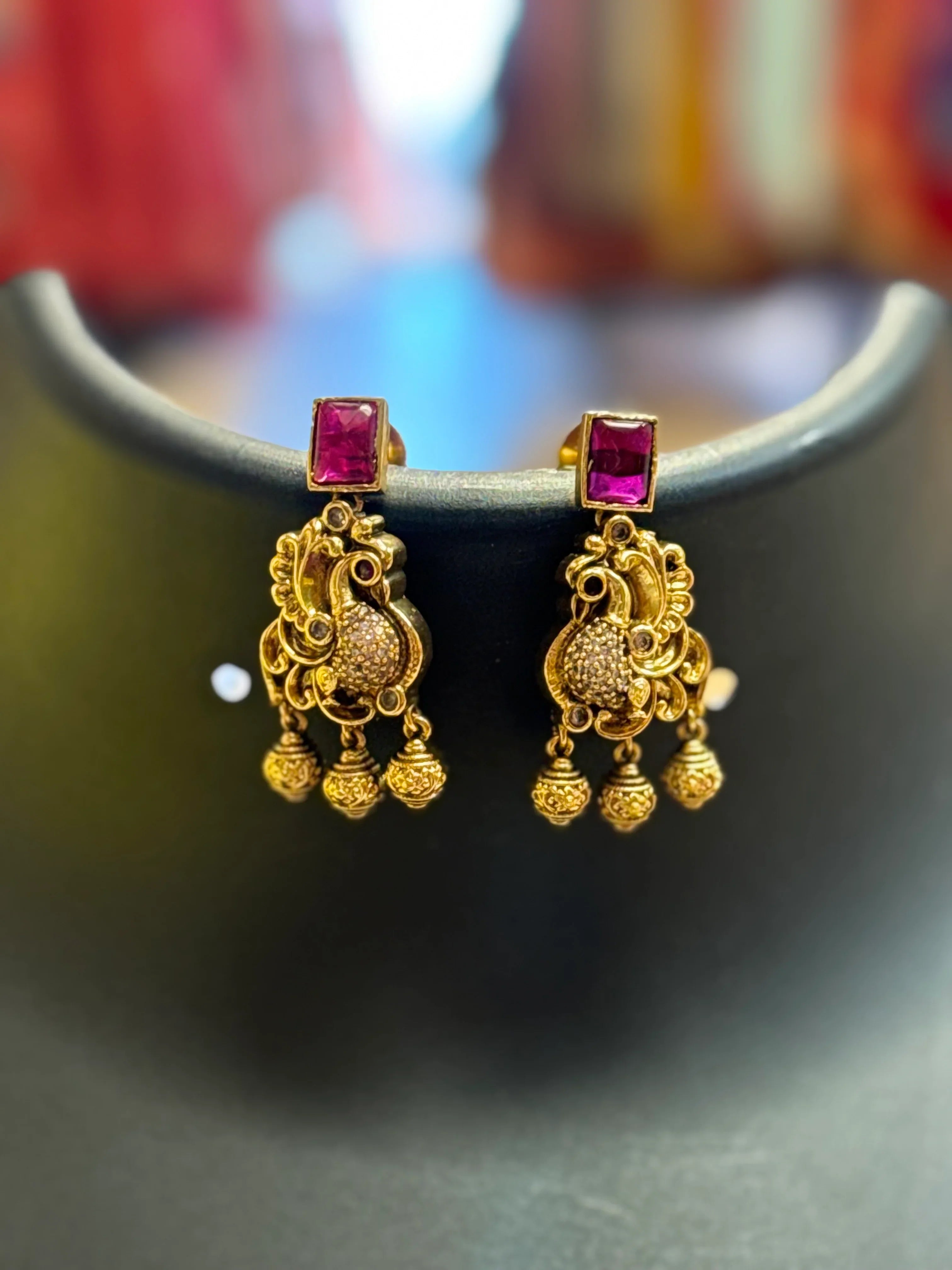 Antique Finish - 3 Line Haram/ Long Necklace set with Ruby Stones