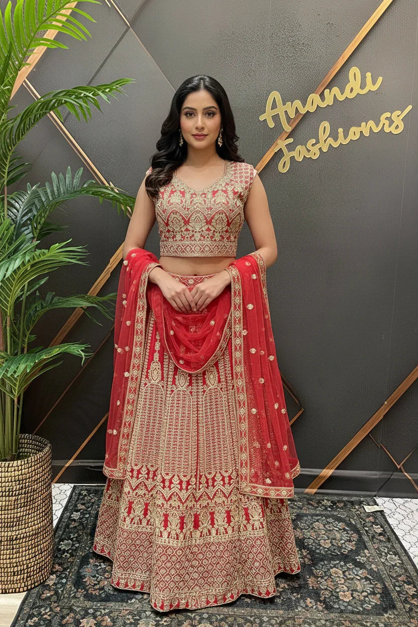Woman wearing red and gold embroidered Indian lehenga with dupatta in Anandi Fashions boutique