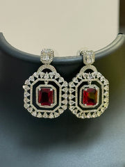 Silver Finish AD Earrings with Red Stone