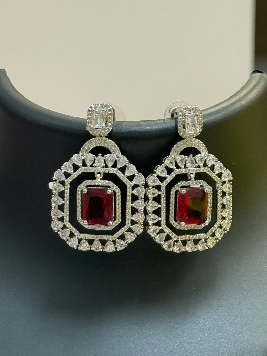 Silver Finish AD Earrings with Red Stone
