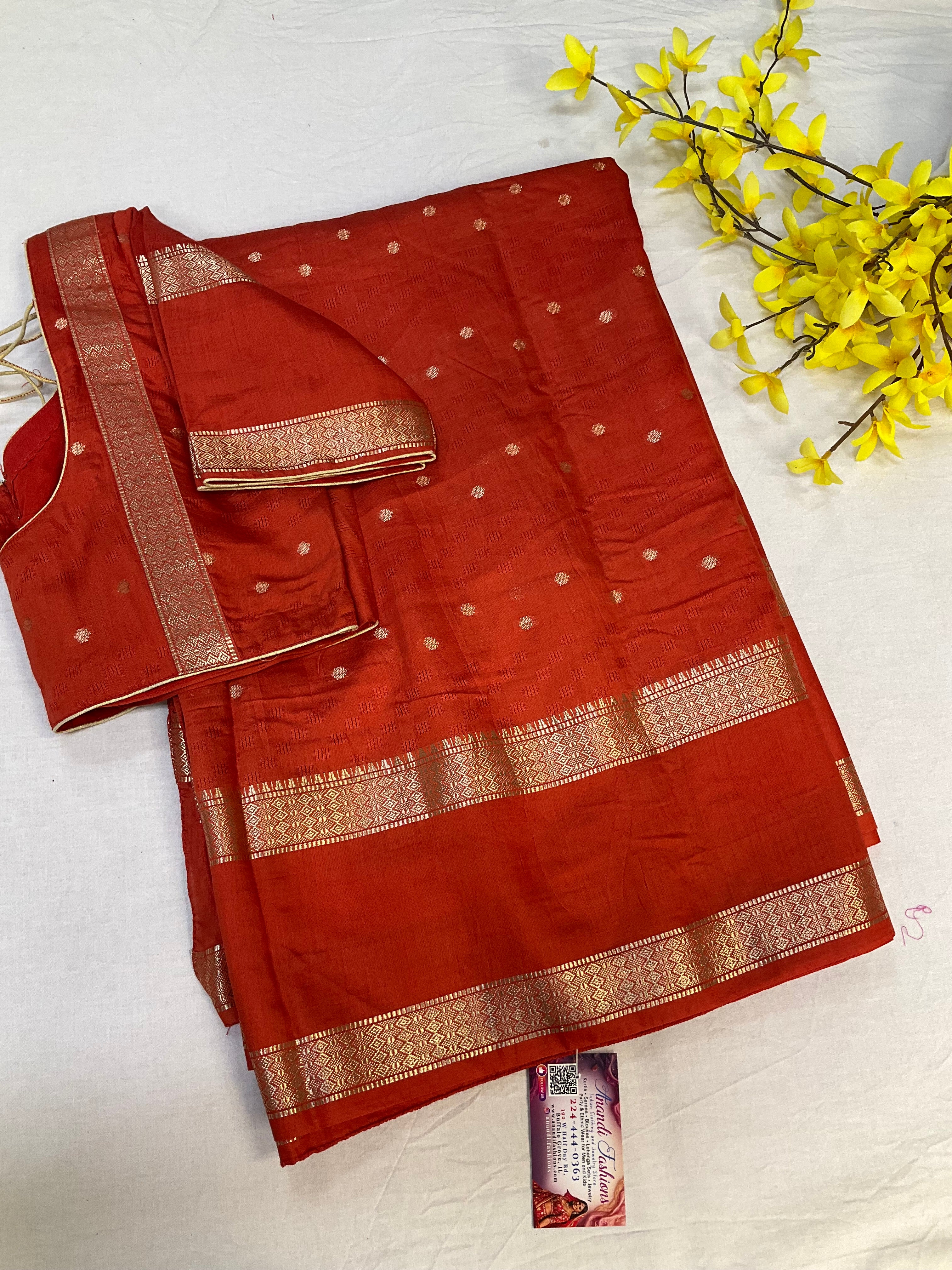Rust orange Handloom saree with stitched blouse