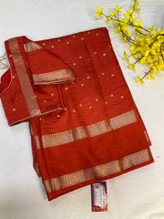 Rust orange Handloom saree with stitched blouse