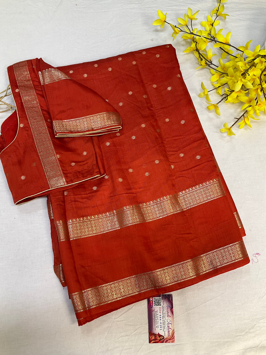 Rust orange Handloom saree with stitched blouse