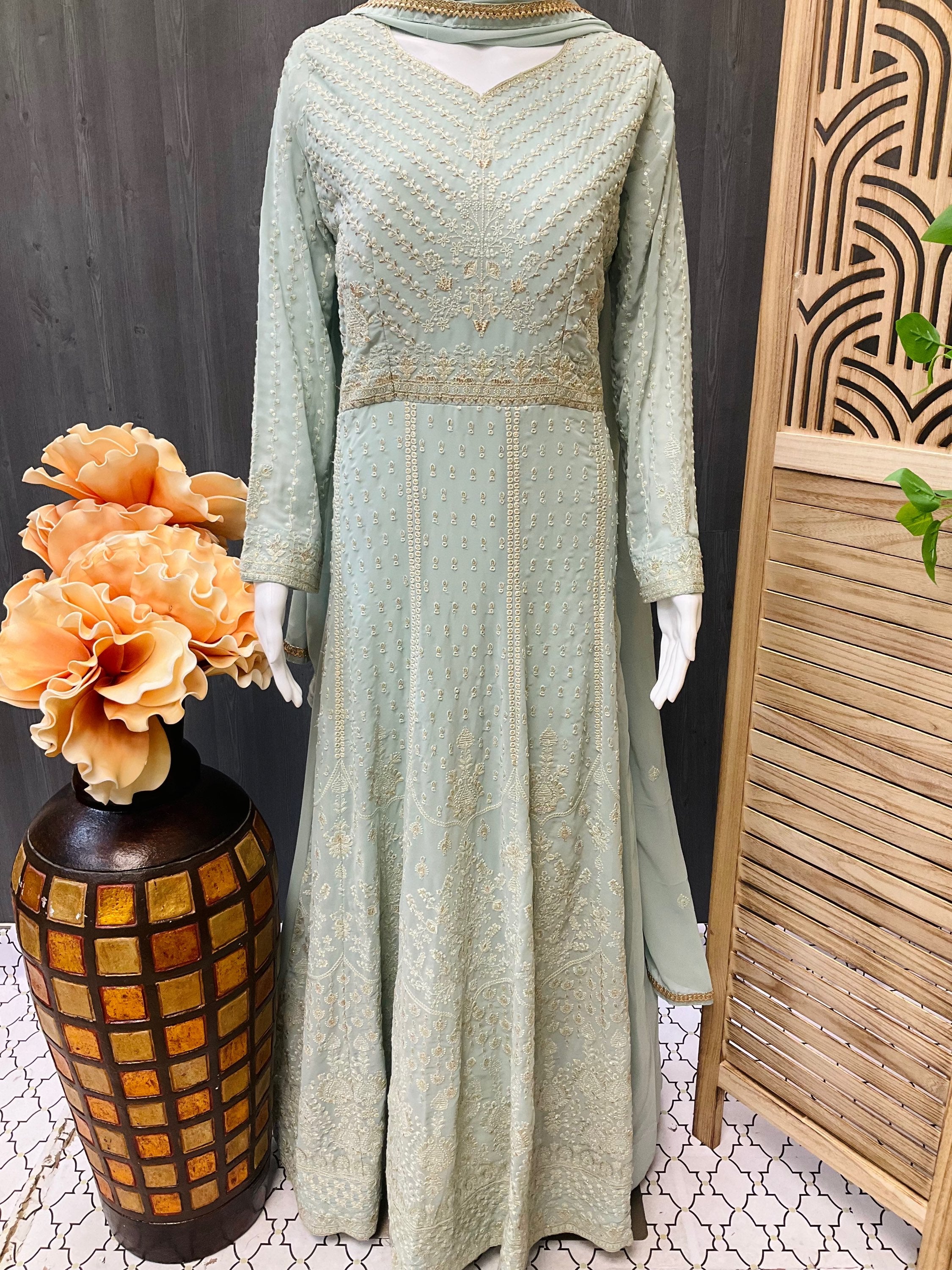 Designer wear dress with floor length and long sleeves image 1