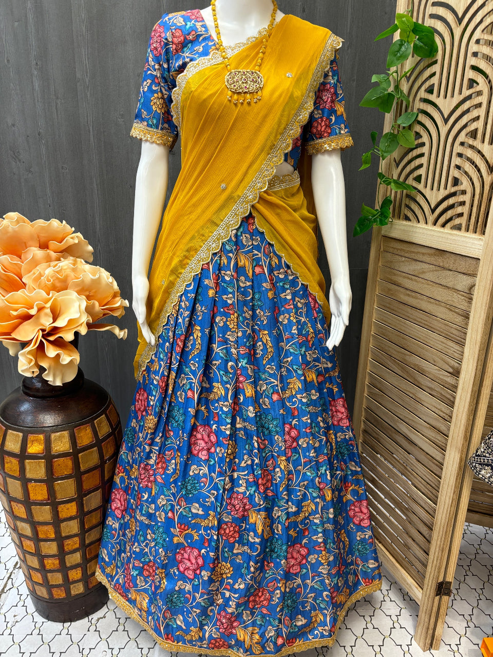 Teen/young women- Royal Blue Kalamkari Half Saree image 0